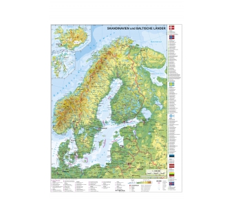 Skandinavien und Baltikum physisch englisch mit UNESCO-Welterbestätten in Norwegen, Schweden, Finnland sowie Dänemark - Poster