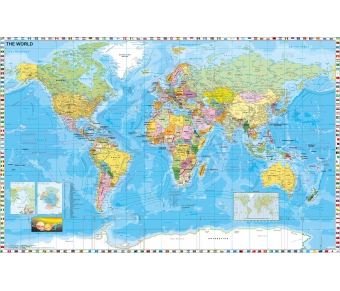 Fototapete Weltkarte politisch mit Flaggen, englische Beschriftung